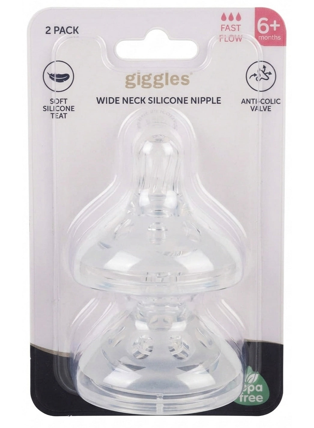 giggles Fast Flow Wide Neck Silicone Nipple 2 Pack 6+ Months